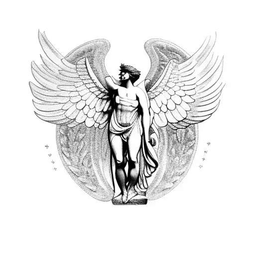A blackwork tattoo of an angelic Apollo statue from ancient Greece tattoo design idea