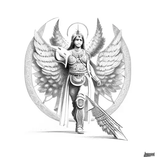 A dotwork tattoo of a Roman gladiator with wings of an angel tattoo design idea