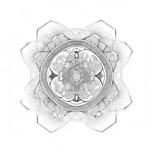 Japanese style blossoms with a hexagonal outline shape with croosed  tattoo design idea