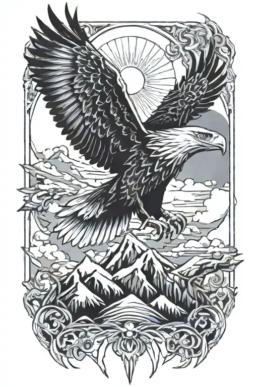 sun rays shining, eagle soaring and wolf howling  tattoo design idea