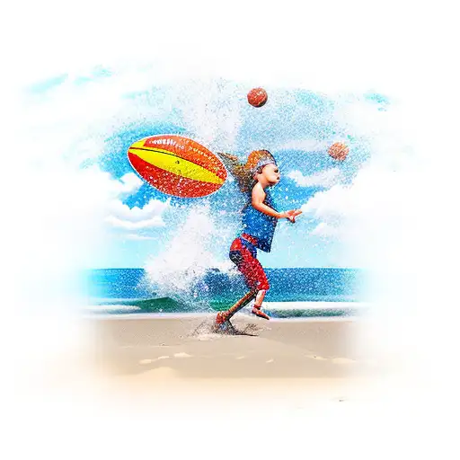 A new-school style tattoo of your children playing sports on a beach with ocean waves in the background tattoo design idea