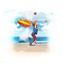 A new-school style tattoo of your children playing sports on a beach with ocean waves in the background tattoo design idea