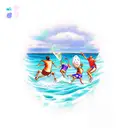 A new-school style tattoo of your children playing sports on a beach with ocean waves in the background tattoo design idea