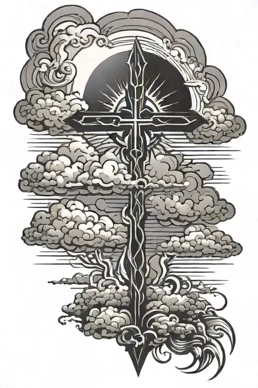storm clouds with a cross and sun emerging from behind it. water underneath tattoo design idea