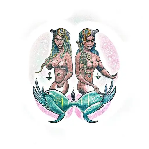 two creole pisces mermaids forming the pisces symbol tattoo design idea
