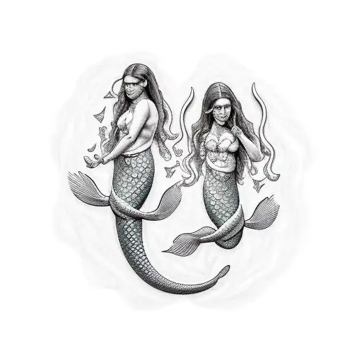two creole pisces mermaids forming the pisces symbol tattoo design idea