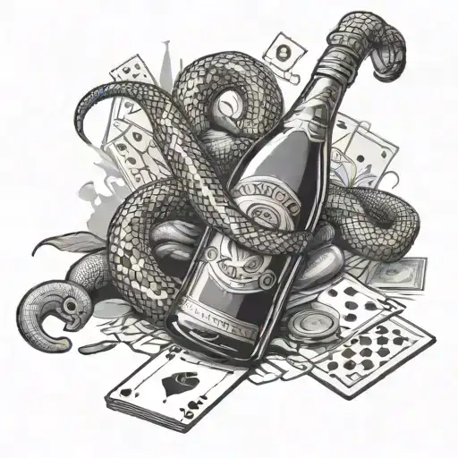 a champagne bottle with a snake wrapped around it. some money rolls and playing cards next to the bottle on the ground.  tattoo design idea