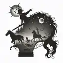 A whimsical Peter Pan silhouette surrounded by cats and horses tattoo design idea