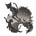 A whimsical Peter Pan silhouette surrounded by cats and horses tattoo design idea