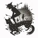A whimsical Peter Pan silhouette surrounded by cats and horses tattoo design idea