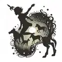 A whimsical Peter Pan silhouette surrounded by cats and horses tattoo design idea