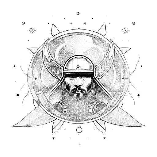 A Viking warrior wearing a celestial space helmet with Archangel Gabriel's wings on their back tattoo design idea