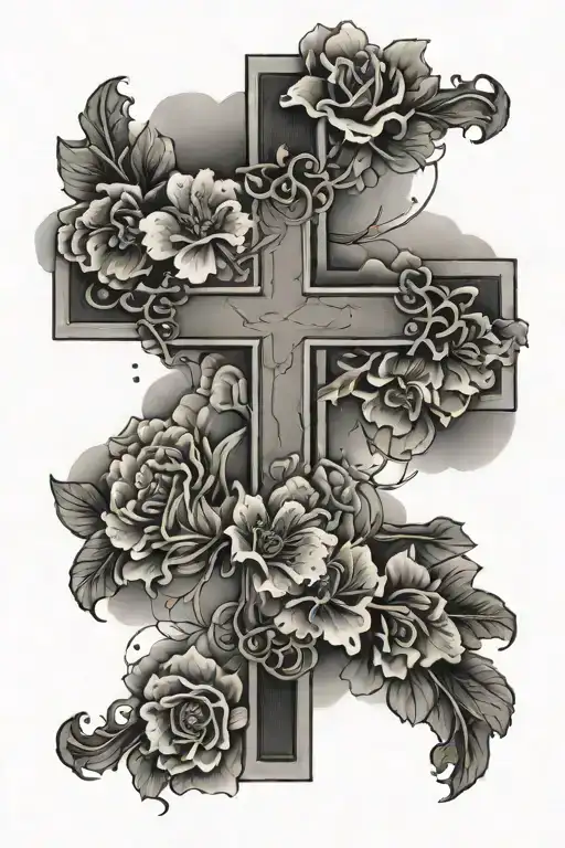 a cross surrounded by clouds and blooming flowers tattoo design idea