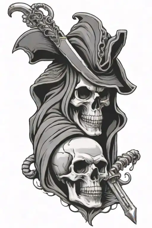 skeleton reaper in a cloak holding a dagger that is sticking into a skull. There are snakes out of the skull. tattoo design idea