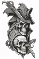 skeleton reaper in a cloak holding a dagger that is sticking into a skull. There are snakes out of the skull. tattoo design idea