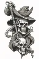 skeleton reaper in a cloak holding a dagger that is sticking into a skull. There are snakes out of the skull. tattoo design idea