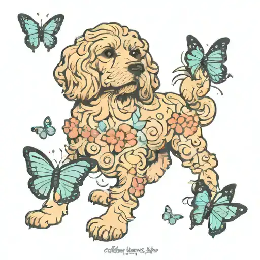 cockapoo dog outline with cursive writing saying Harley surrounded by butterflies  tattoo design idea