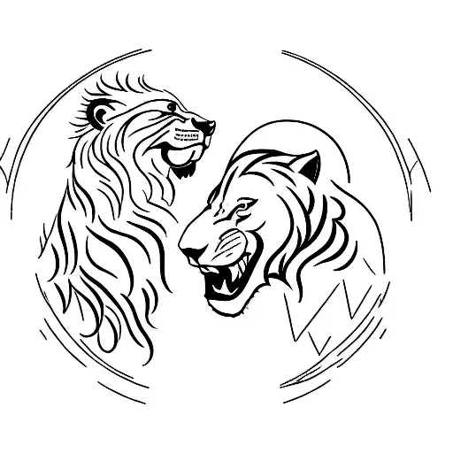 A minimalist tattoo of a lion and a wolf facing each other, representing the balance between courage and independence in business tattoo design idea