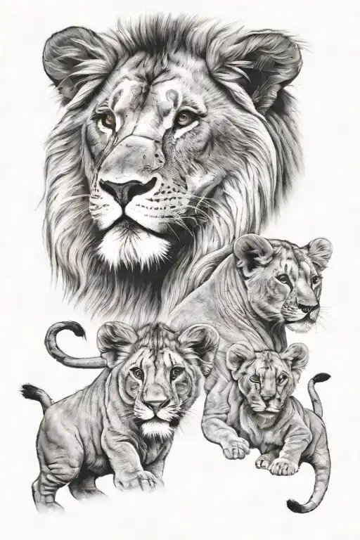 male lion 3 cubs tattoo design idea
