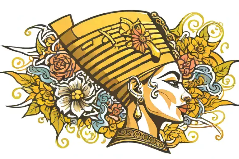 Nefertiti side view with sun and flowers tattoo design idea