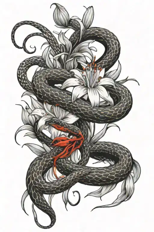 snake and red spider lilly flowers tattoo design idea
