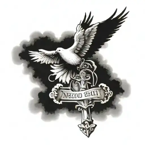 cross with clouds fading above with a dove flying in a memorial way with roman numeral death date and a gospel saying  tattoo design idea