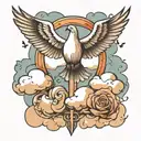 cross with clouds and a dove flying tattoo design idea