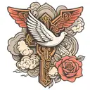 cross with clouds and a dove flying tattoo design idea
