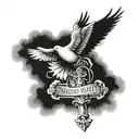 cross with clouds fading above with a dove flying in a memorial way with roman numeral death date and a gospel saying  tattoo design idea