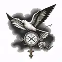 cross with clouds fading above with a dove flying in a memorial way with roman numeral death date and a gospel saying  tattoo design idea