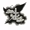 cross with clouds fading above with a dove flying in a memorial way with roman numeral death date and a gospel saying  tattoo design idea
