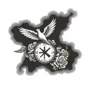 cross with clouds fading above with a dove flying in a memorial way with roman numeral death date and a gospel saying  tattoo design idea