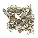 cross with clouds fading above with a dove flying in a memorial way with roman numeral death date  tattoo design idea