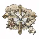 cross with clouds fading above with a dove flying in a memorial way with roman numeral death date  tattoo design idea