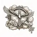 cross with clouds fading above with a dove flying in a memorial way with roman numeral death date  tattoo design idea