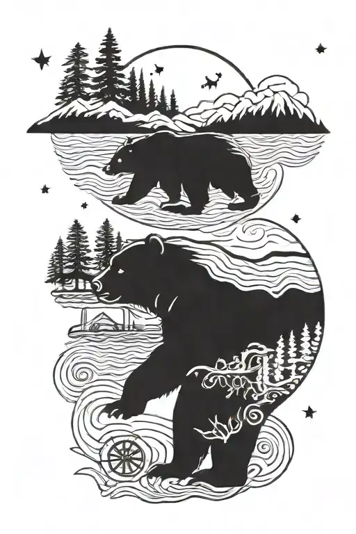 Bear with the landscape of northern Sweden , aurora appears , and there is also a compass tattoo design idea