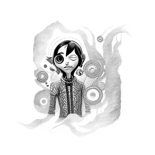 A movie reel with scenes from Coraline intertwined with musical notes tattoo design idea