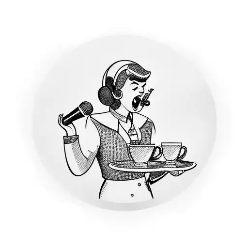 A waitress holding a tray with coffee cups, singing into a vintage microphone tattoo design idea
