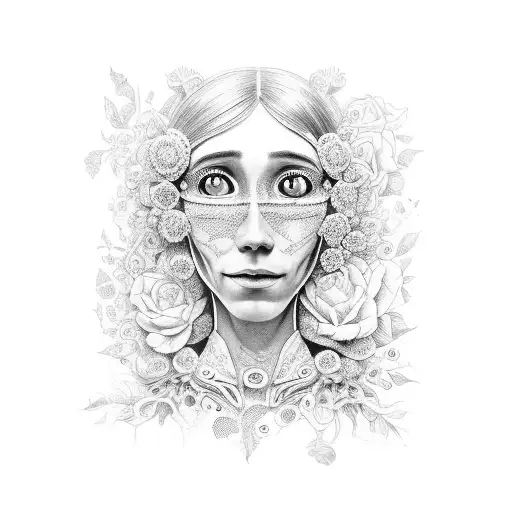 A portrait of Coraline surrounded by intricate floral patterns, representing the client's passion for the movie tattoo design idea