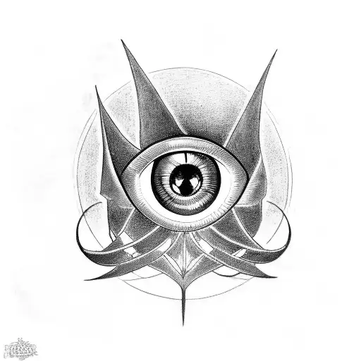 A composition featuring the Eye of Sauron from Lord of the Rings, surrounded by musical notes and instruments, executed in blackwork style tattoo design idea