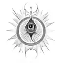 A composition featuring the Eye of Sauron from Lord of the Rings, surrounded by musical notes and instruments, executed in blackwork style tattoo design idea