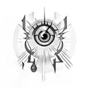 A composition featuring the Eye of Sauron from Lord of the Rings, surrounded by musical notes and instruments, executed in blackwork style tattoo design idea