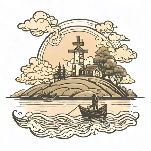 landscape with a cross in the sky and a son and a father fishing a boat tattoo design idea