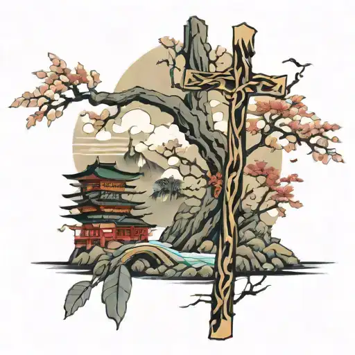 japanese landscape with a cross tattoo design idea