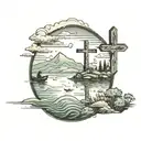 a landscape with a cross in the sky and in the water father and son fishing tattoo design idea