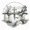 a landscape with a cross in the sky and in the water father and son fishing tattoo design idea