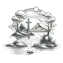 a landscape with a cross in the sky and in the water father and son fishing tattoo design idea