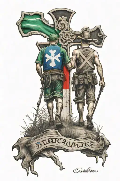 brothers walking away irish cross in the middle with ecuadorian flag tattoo design idea