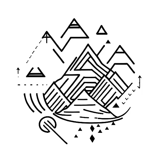A minimalist tattoo of a mountain range with vertical arrows representing progress and growth tattoo design idea