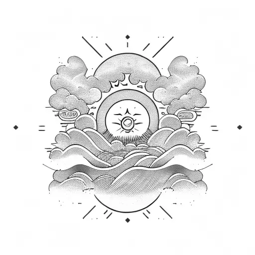 sun moon mountain waves tattoo design idea